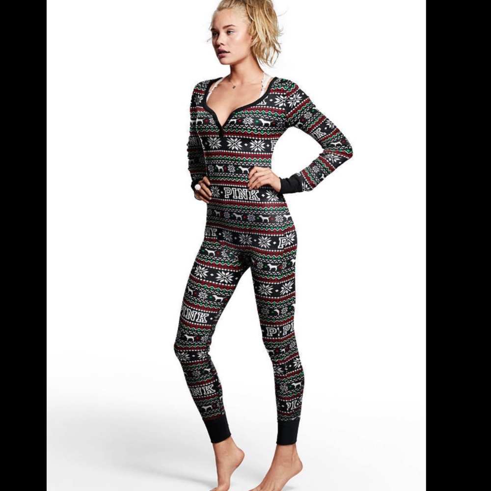 Pink Victoria’s Secret Winter Flap Back Onsie Small